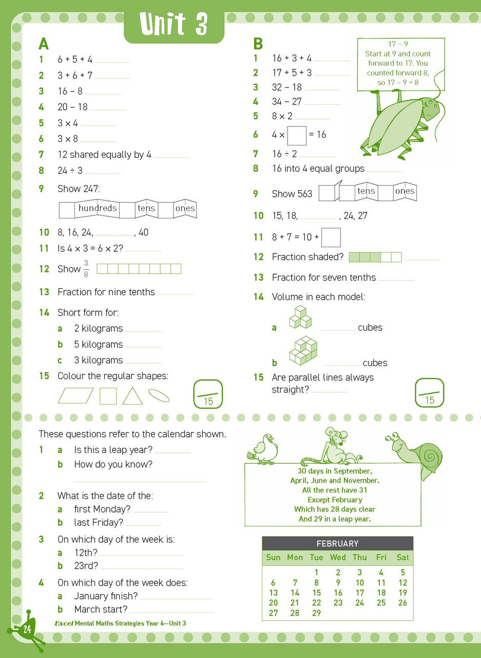 Preview of an inside spread from Excel Basic Skills Mental Maths Strategies Year 4, showing how the exercises are set out on the page