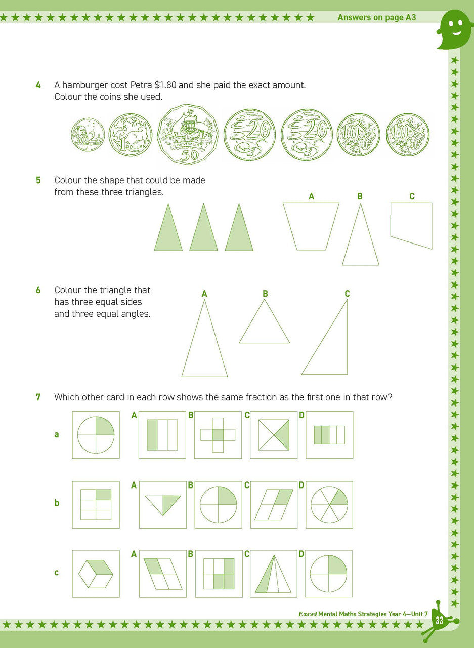 Inside page sample from Excel Basic Skills Mental Maths Strategies Year 4 giving a look at the practice questions and page design