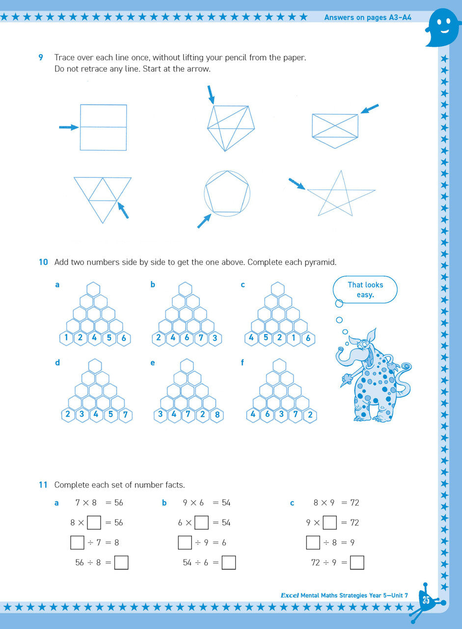 Preview of an inside spread from Excel Basic Skills Mental Maths Strategies Year 5, showing how the exercises are set out on the page