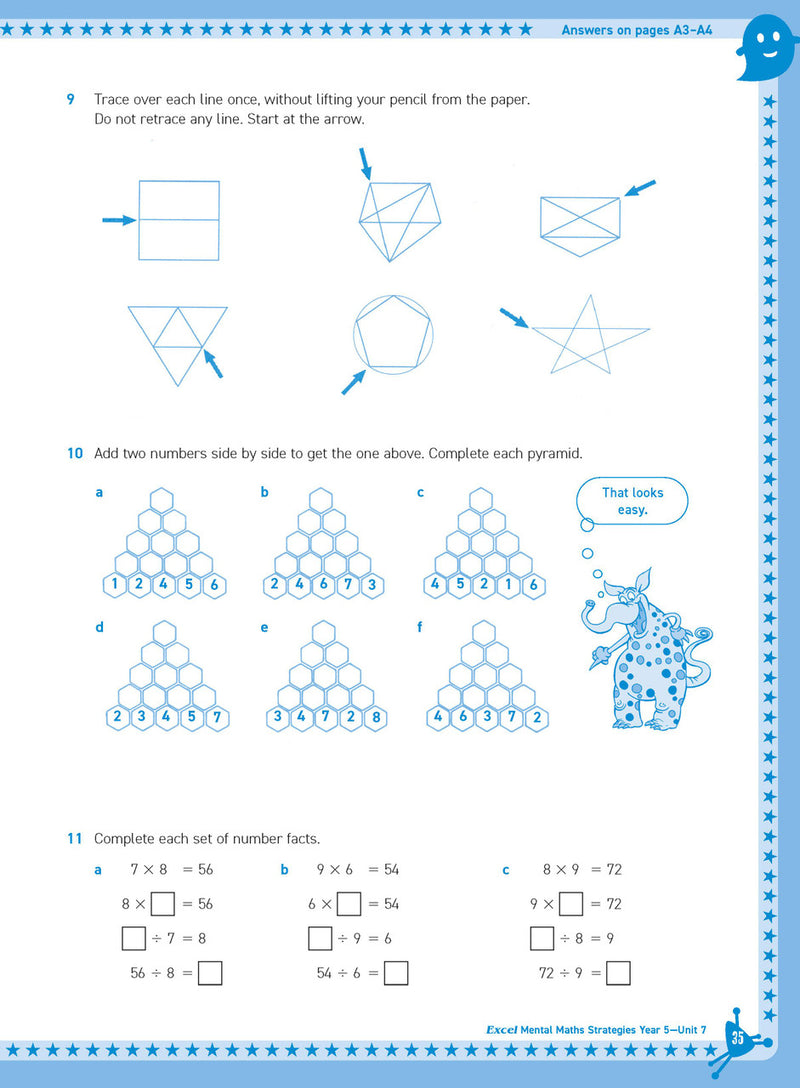 Preview of an inside spread from Excel Basic Skills Mental Maths Strategies Year 5, showing how the exercises are set out on the page