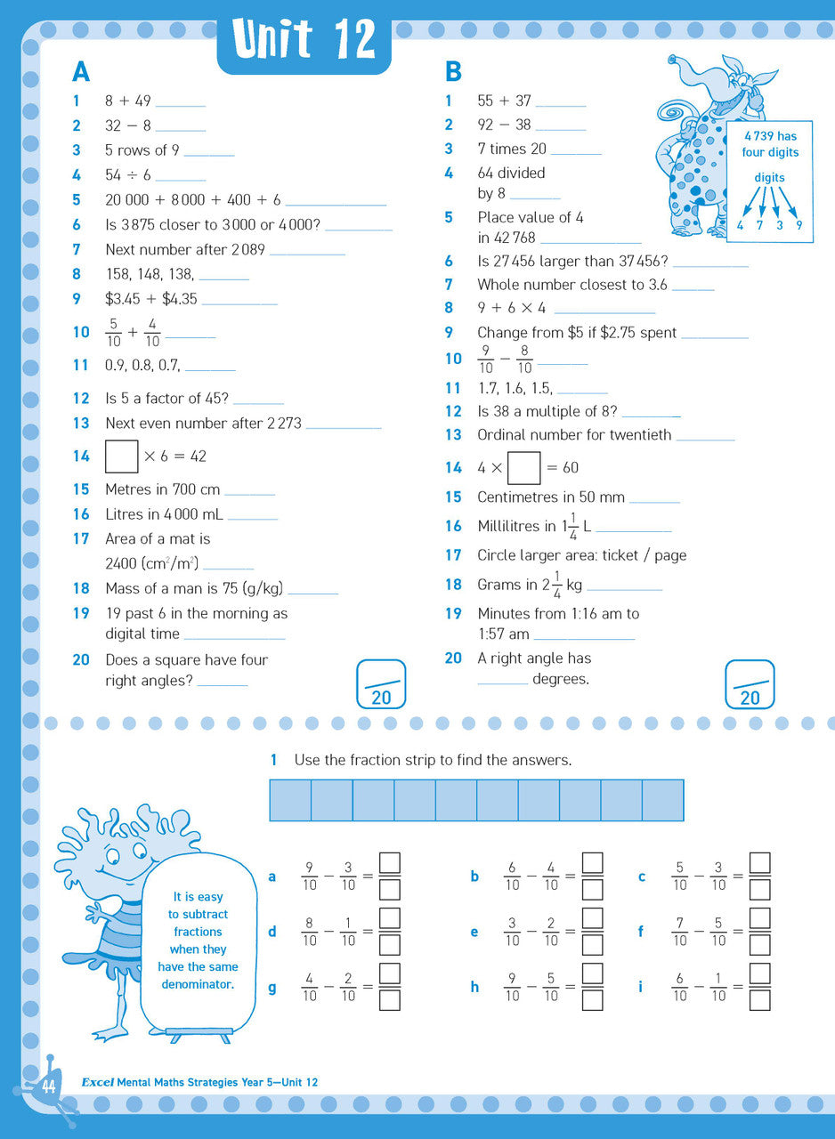 Inside page sample from Excel Basic Skills Mental Maths Strategies Year 5 giving a look at the practice questions and page design