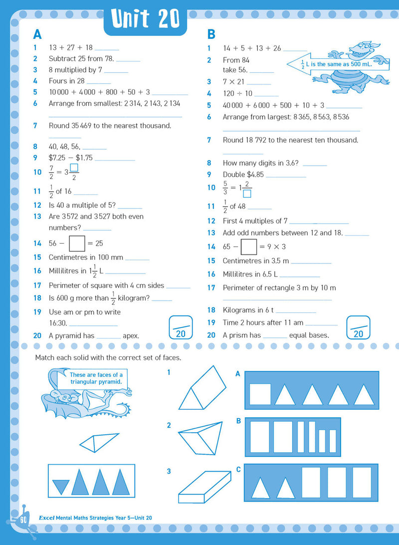 Preview of an inside spread from Excel Basic Skills Mental Maths Strategies Year 5, showing how the exercises are set out on the page