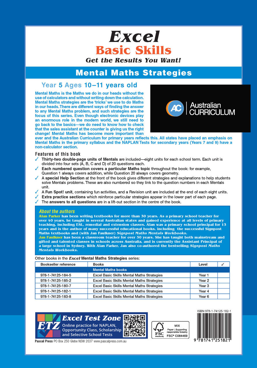 Back cover of Excel Basic Skills Mental Maths Strategies Year 5, showing the publisher's summary of the workbook and its series details