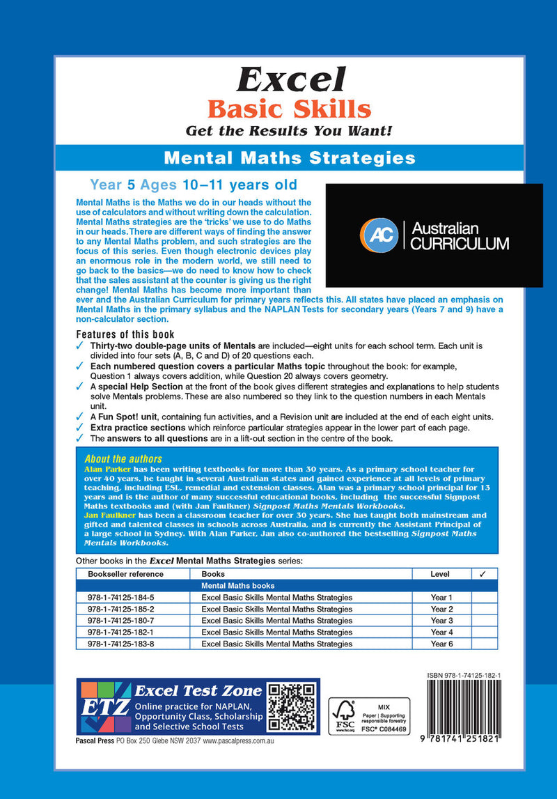 Back cover of Excel Basic Skills Mental Maths Strategies Year 5, showing the publisher's summary of the workbook and its series details