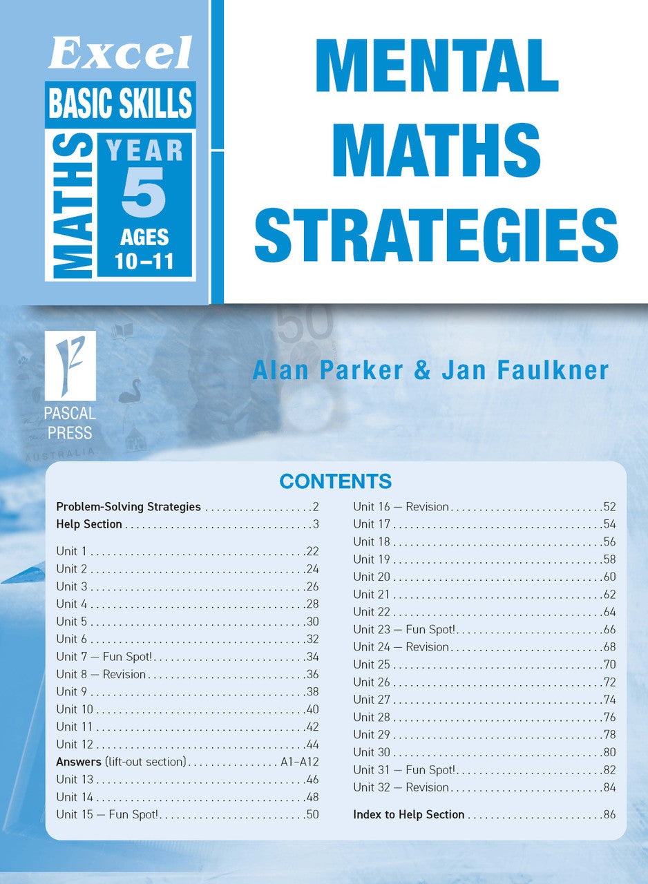 Preview of an inside spread from Excel Basic Skills Mental Maths Strategies Year 5, showing how the exercises are set out on the page