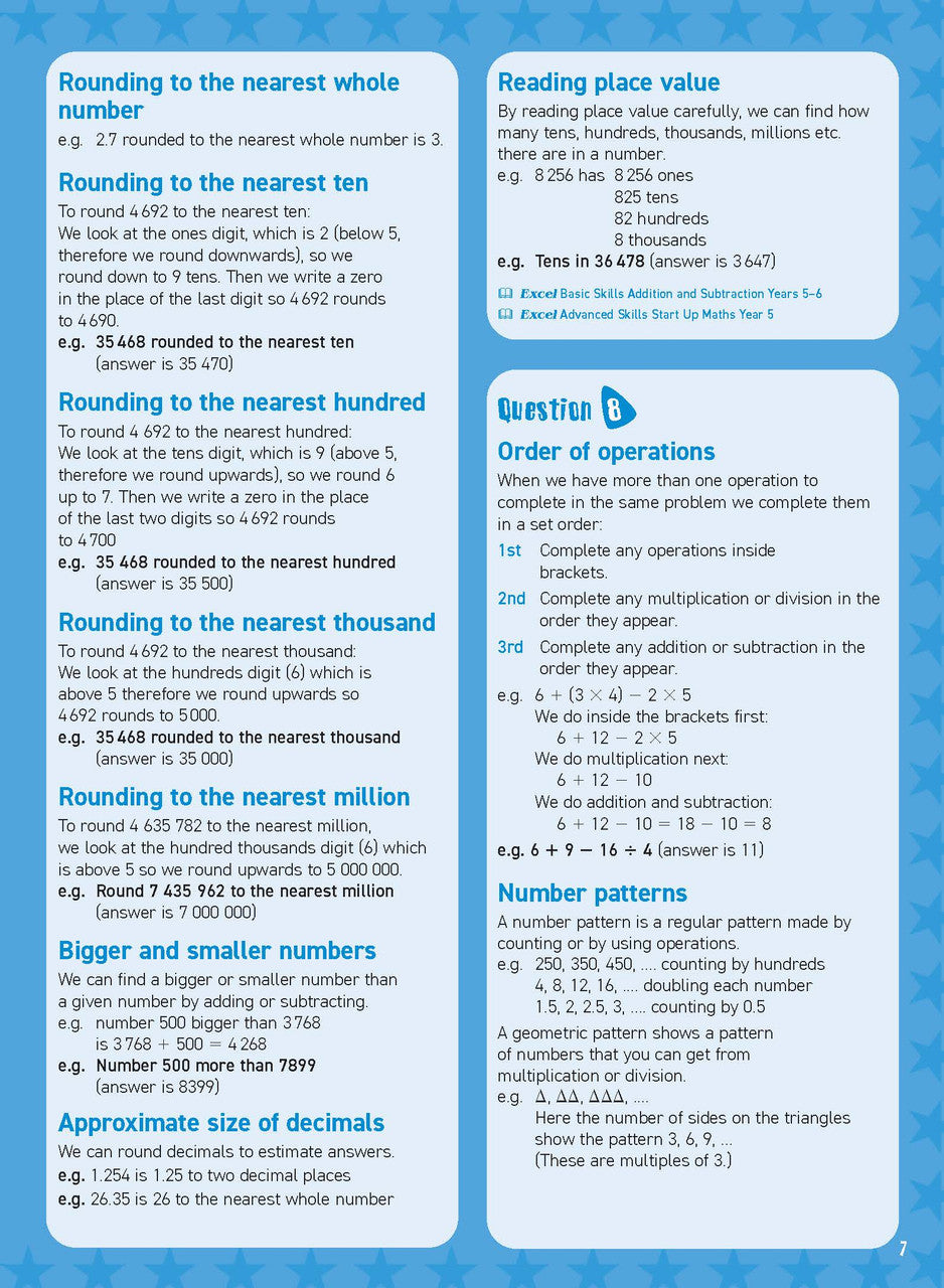 Preview of an inside spread from Excel Basic Skills Mental Maths Strategies Year 5, showing how the exercises are set out on the page