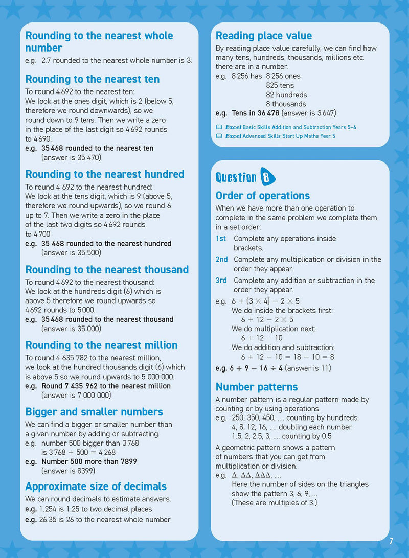 Preview of an inside spread from Excel Basic Skills Mental Maths Strategies Year 5, showing how the exercises are set out on the page
