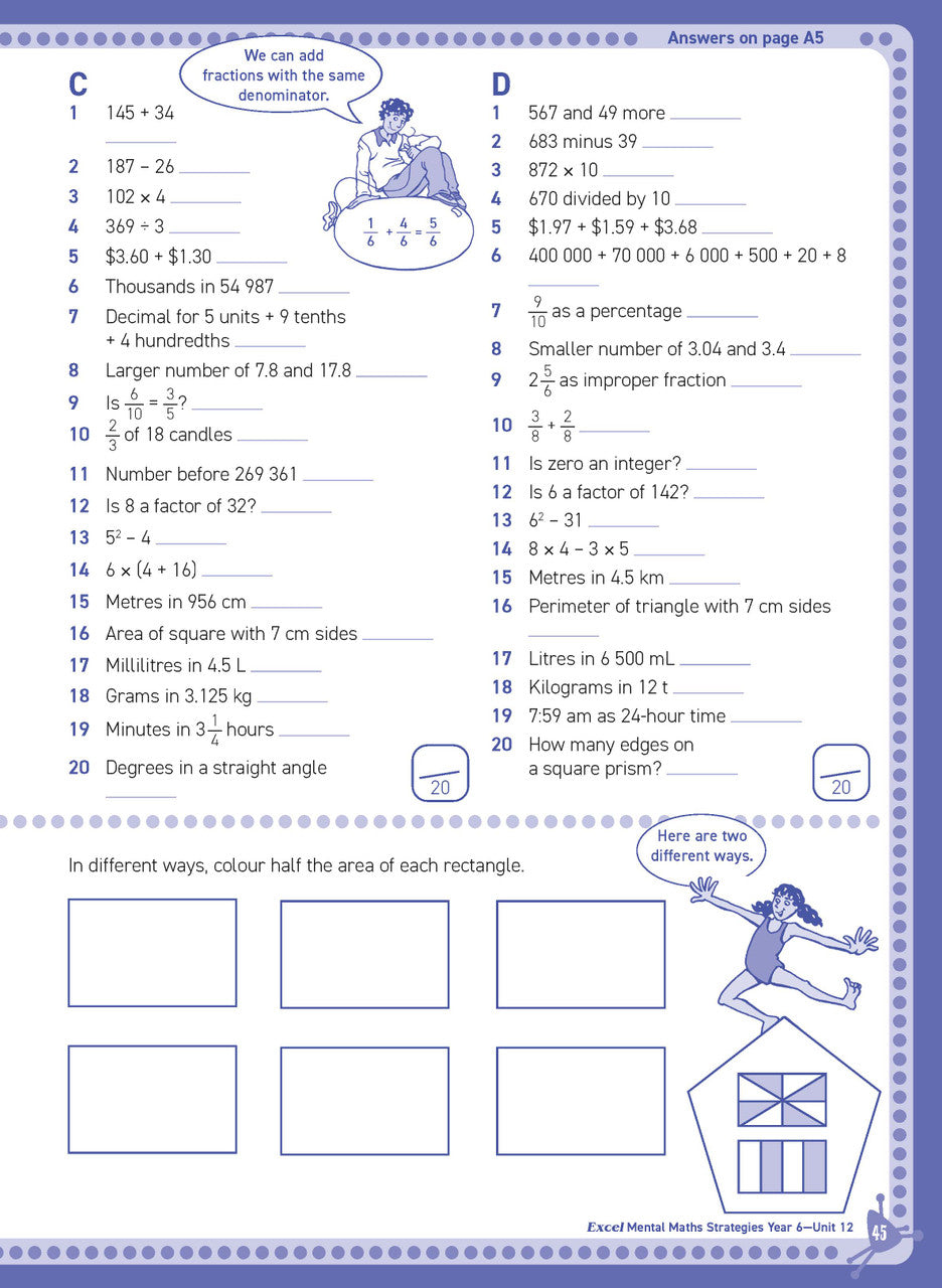 Preview of an inside spread from Excel Basic Skills Mental Maths Strategies Year 6, showing how the exercises are set out on the page