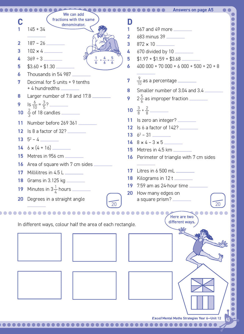 Preview of an inside spread from Excel Basic Skills Mental Maths Strategies Year 6, showing how the exercises are set out on the page