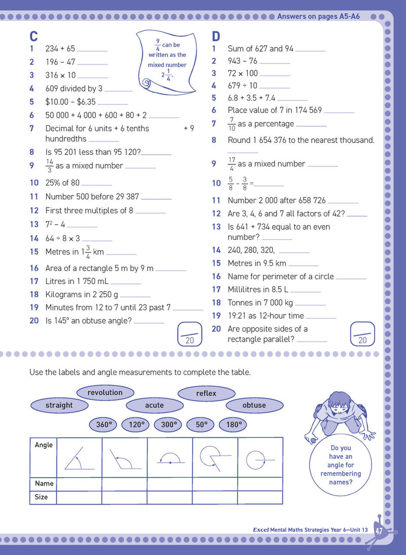 Inside page sample from Excel Basic Skills Mental Maths Strategies Year 6 giving a look at the practice questions and page design