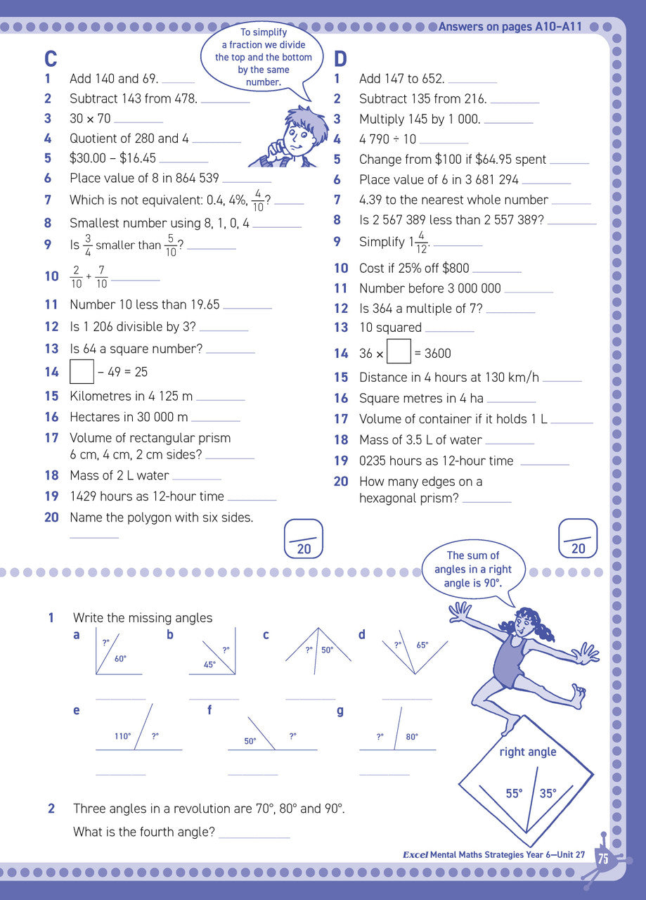 Preview of an inside spread from Excel Basic Skills Mental Maths Strategies Year 6, showing how the exercises are set out on the page