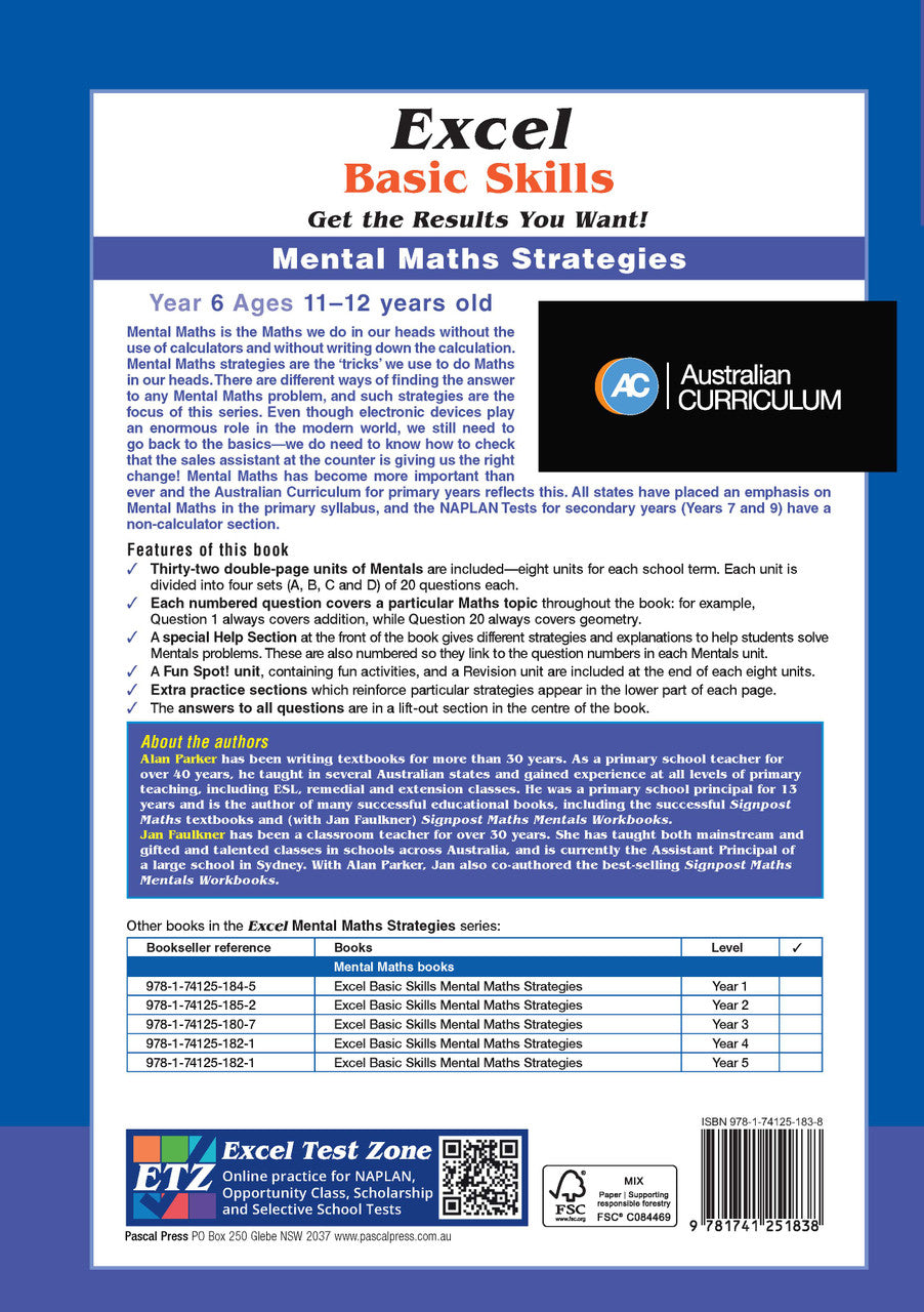 Back cover of Excel Basic Skills Mental Maths Strategies Year 6, showing the publisher's summary of the workbook and its series details