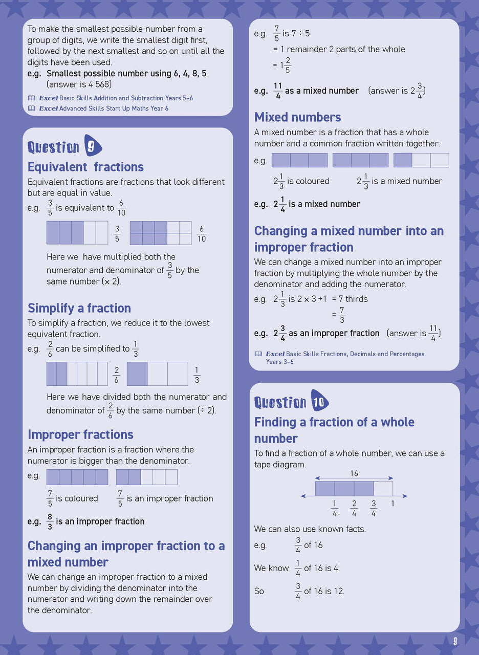 Preview of an inside spread from Excel Basic Skills Mental Maths Strategies Year 6, showing how the exercises are set out on the page