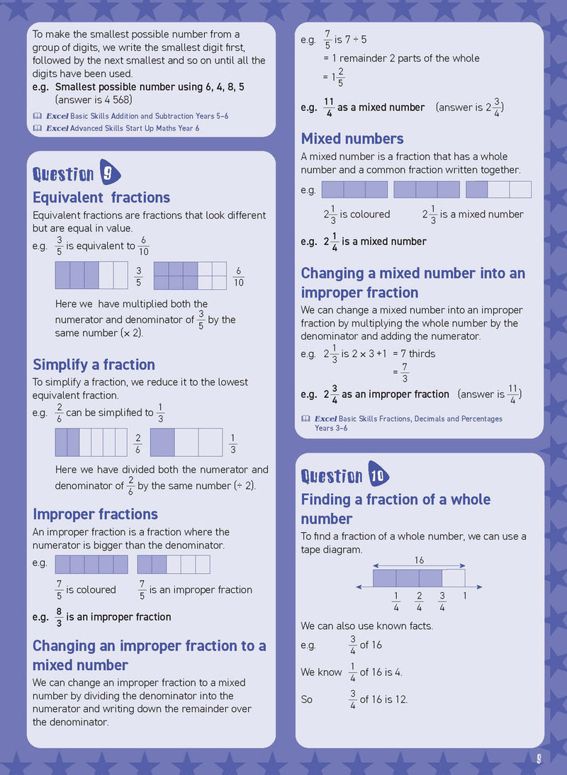 Preview of an inside spread from Excel Basic Skills Mental Maths Strategies Year 6, showing how the exercises are set out on the page