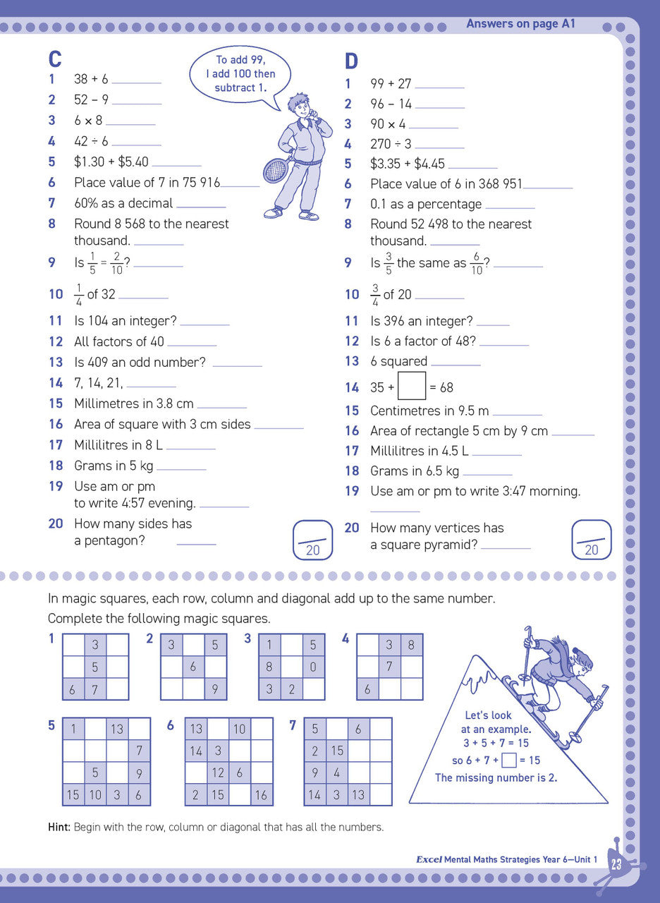 Preview of an inside spread from Excel Basic Skills Mental Maths Strategies Year 6, showing how the exercises are set out on the page