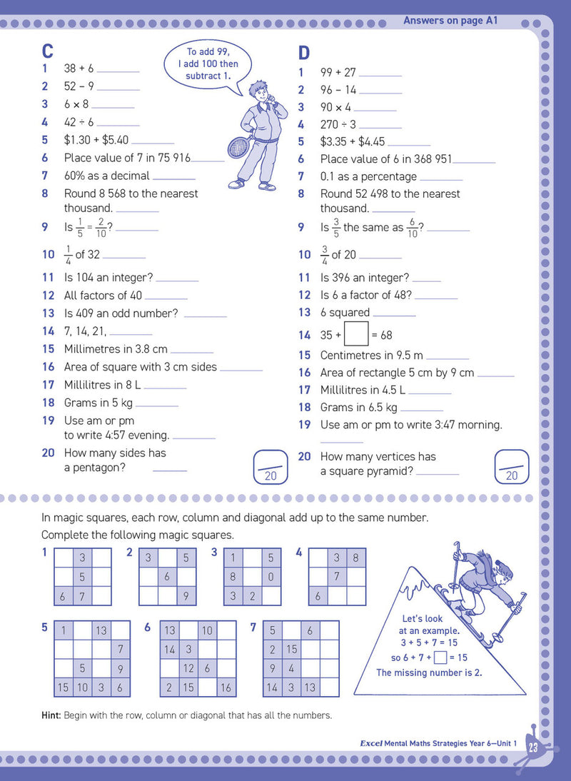 Preview of an inside spread from Excel Basic Skills Mental Maths Strategies Year 6, showing how the exercises are set out on the page