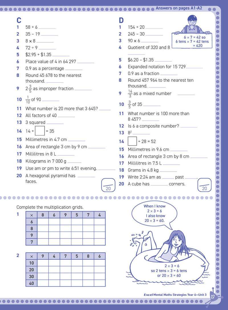Inside page sample from Excel Basic Skills Mental Maths Strategies Year 6 giving a look at the practice questions and page design