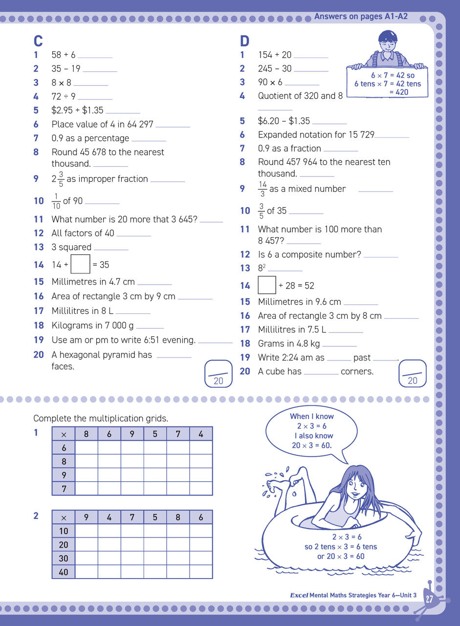 Inside page sample from Excel Basic Skills Mental Maths Strategies Year 6 giving a look at the practice questions and page design