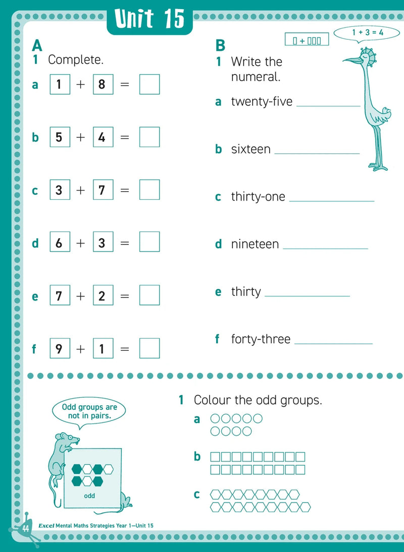Sample inside page from Excel Basic Skills Mental Maths Strategies Year 1, previewing the workbook's layout and question style