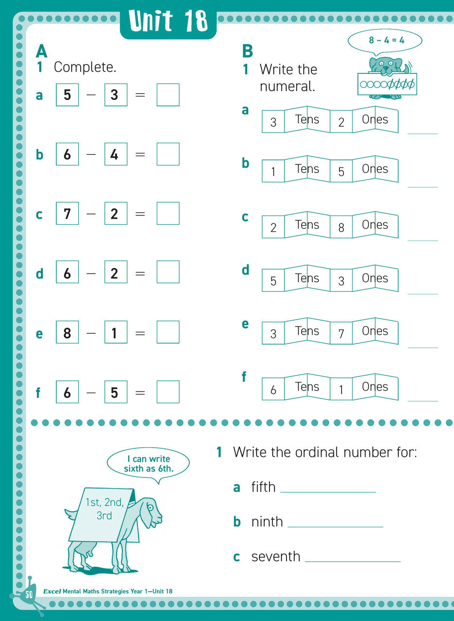 Preview of an inside spread from Excel Basic Skills Mental Maths Strategies Year 1, showing how the exercises are set out on the page