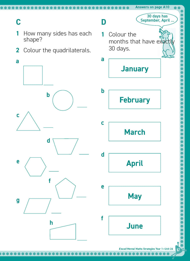 Inside page sample from Excel Basic Skills Mental Maths Strategies Year 1 giving a look at the practice questions and page design