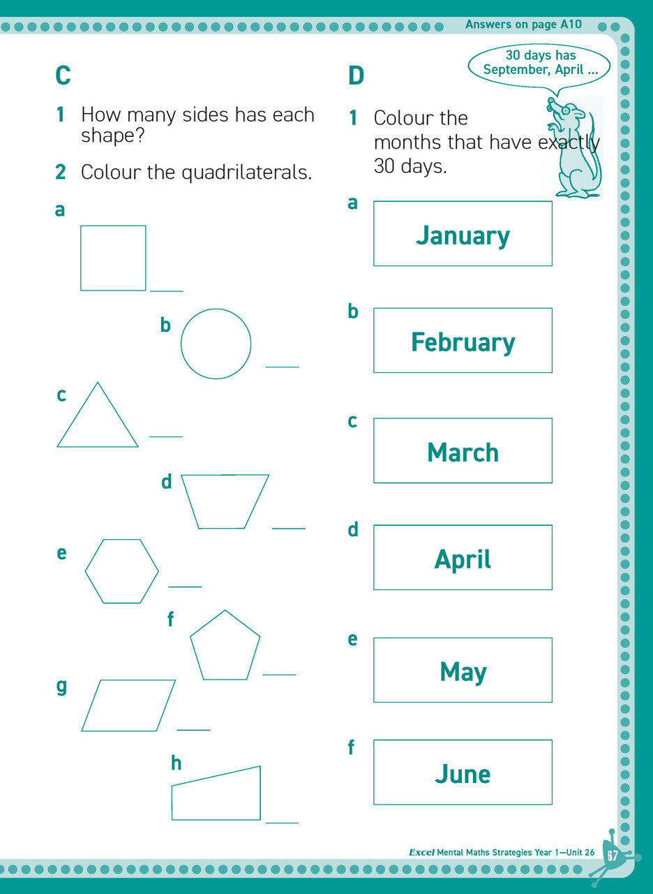 Inside page sample from Excel Basic Skills Mental Maths Strategies Year 1 giving a look at the practice questions and page design