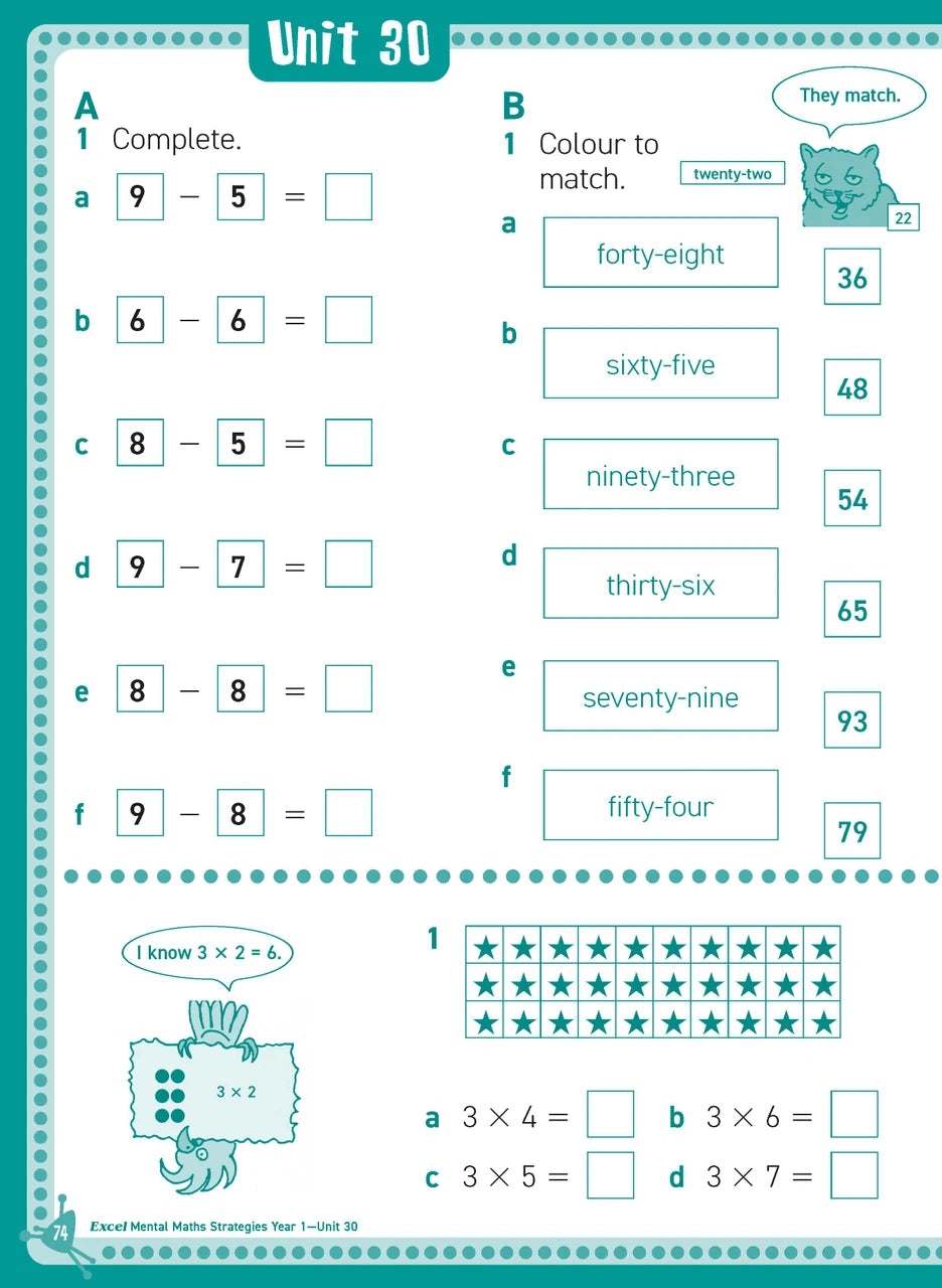 Sample inside page from Excel Basic Skills Mental Maths Strategies Year 1, previewing the workbook's layout and question style