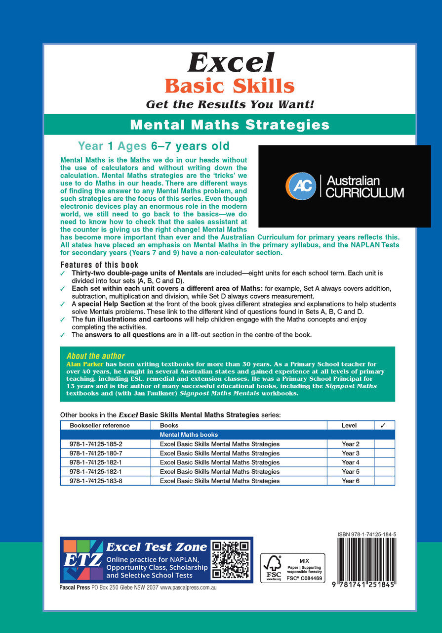 Back cover of Excel Basic Skills Mental Maths Strategies Year 1, showing the publisher's summary of the workbook and its series details