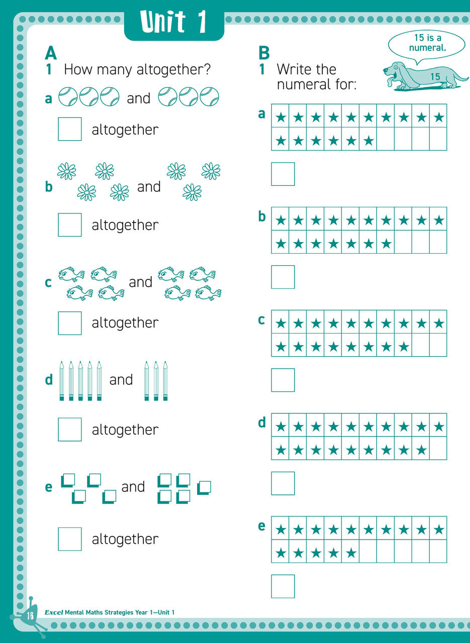 Inside page sample from Excel Basic Skills Mental Maths Strategies Year 1 giving a look at the practice questions and page design