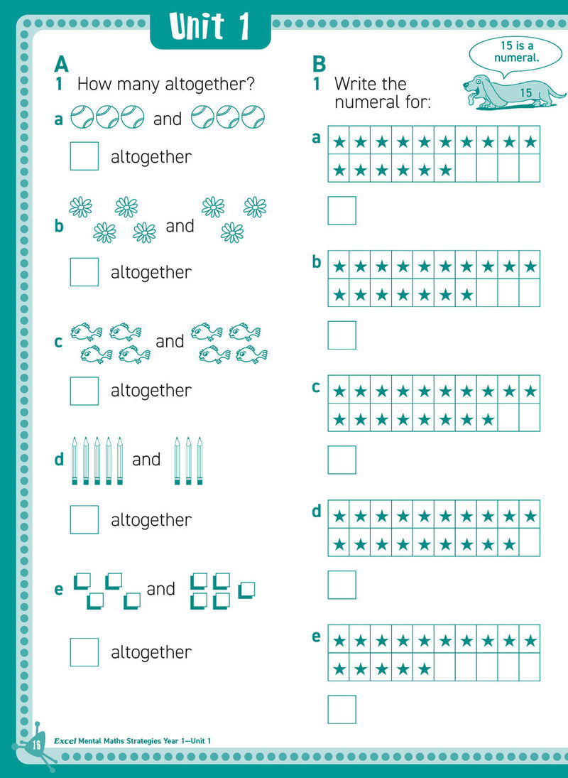Inside page sample from Excel Basic Skills Mental Maths Strategies Year 1 giving a look at the practice questions and page design