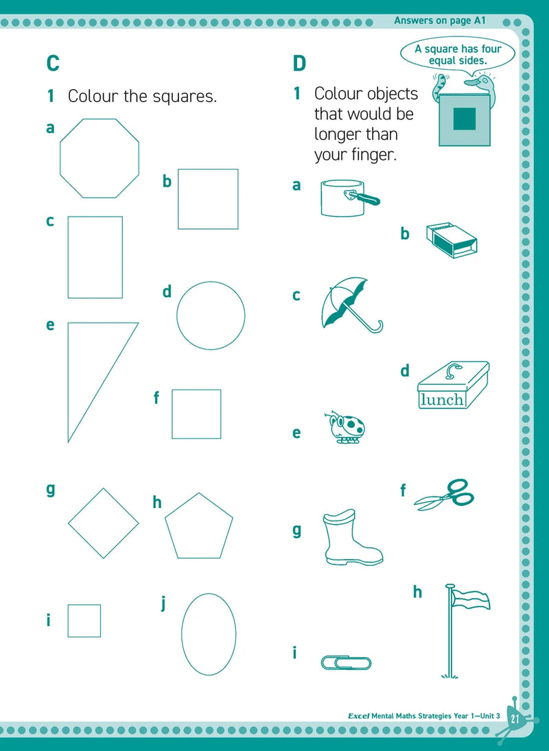 Sample inside page from Excel Basic Skills Mental Maths Strategies Year 1, previewing the workbook's layout and question style