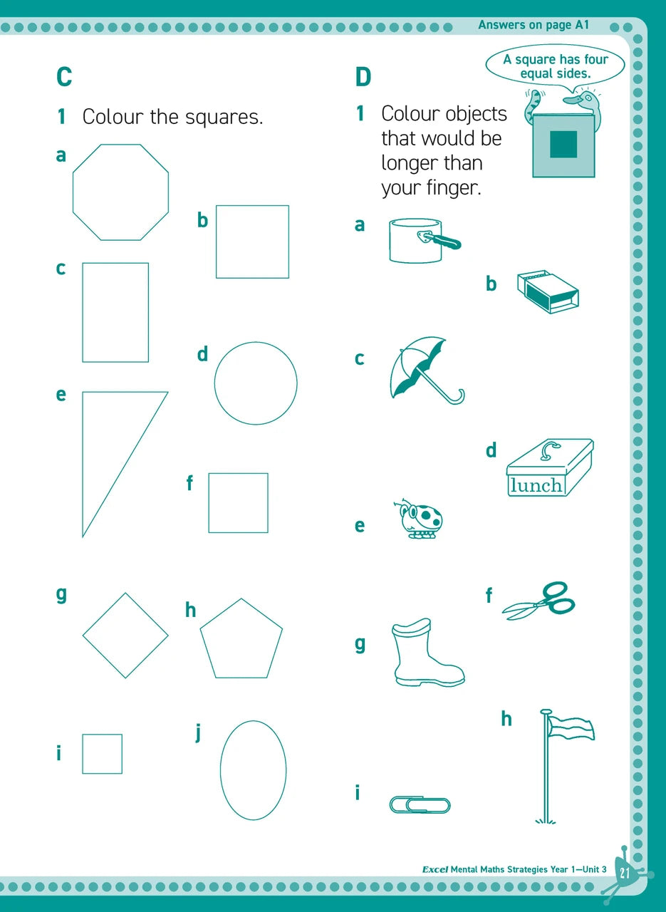 Sample inside page from Excel Basic Skills Mental Maths Strategies Year 1, previewing the workbook's layout and question style