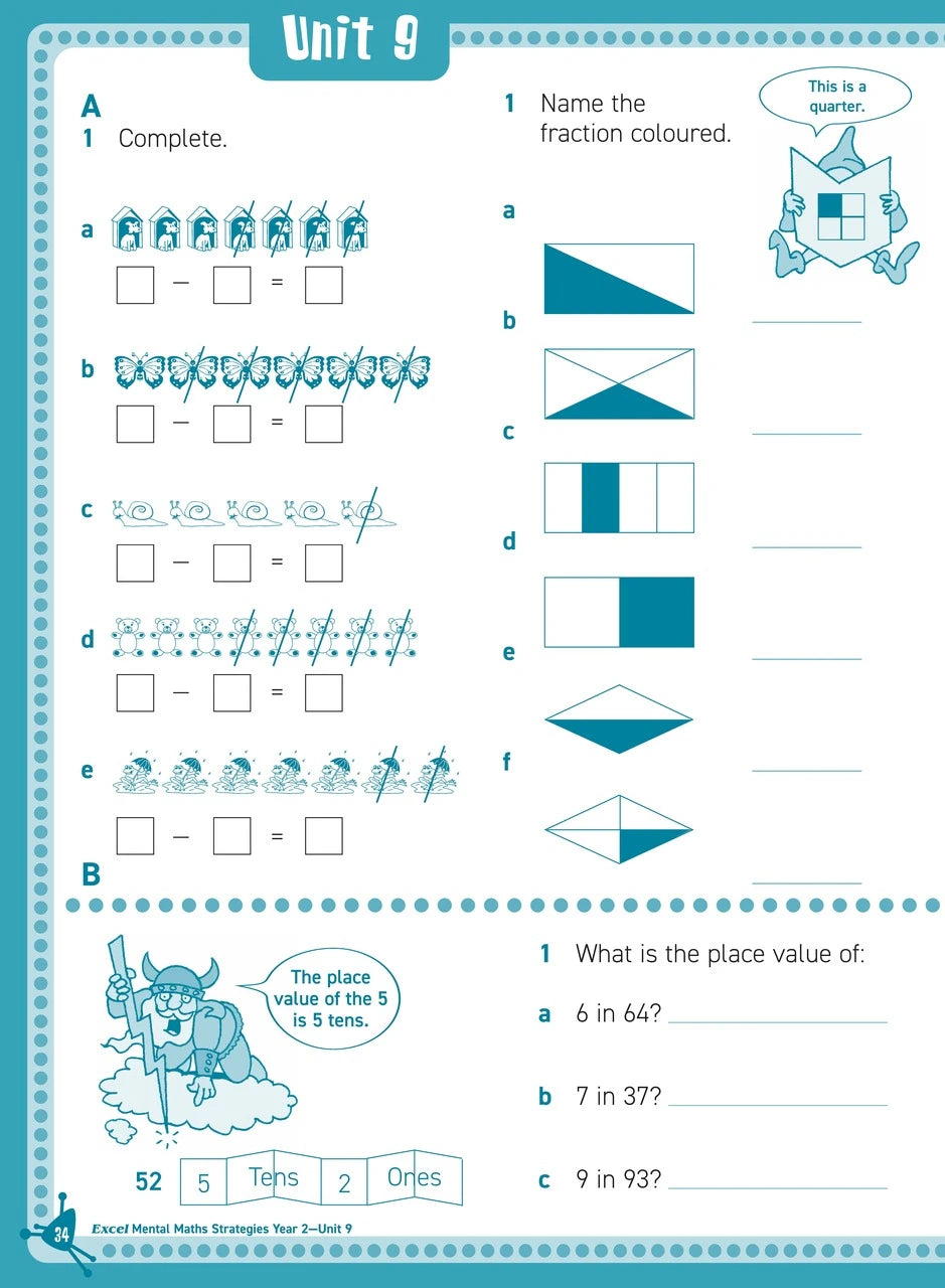 Preview of an inside spread from Excel Basic Skills Mental Maths Strategies Year 2, showing how the exercises are set out on the page
