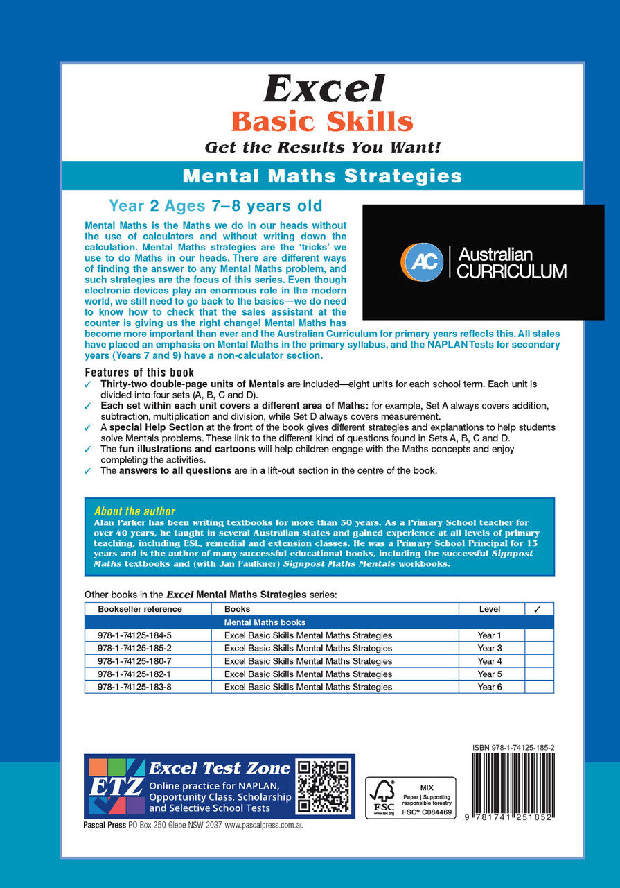 Back cover of Excel Basic Skills Mental Maths Strategies Year 2, showing the publisher's summary of the workbook and its series details