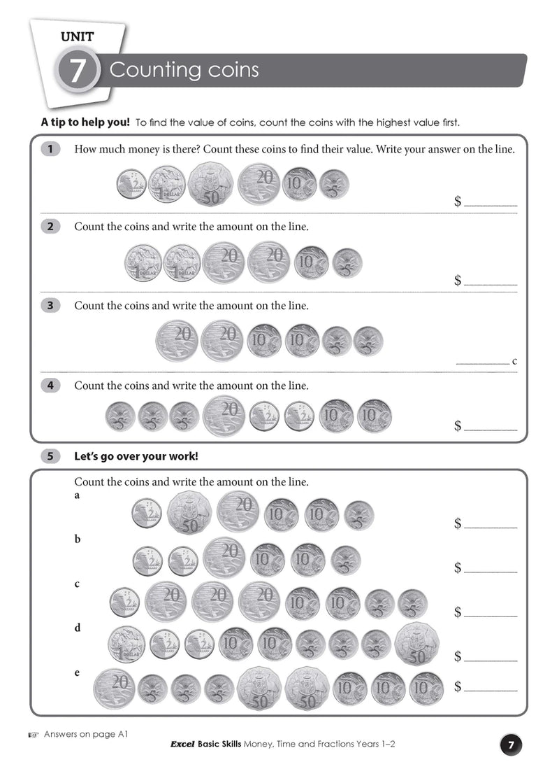 Sample interior page from the Excel Basic Skills Money, Time and Fractions Years 1-2 workbook, as shown in the Pascal Press gallery