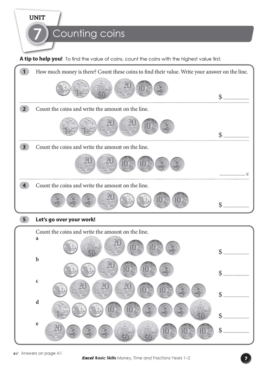 Sample interior page from the Excel Basic Skills Money, Time and Fractions Years 1-2 workbook, as shown in the Pascal Press gallery