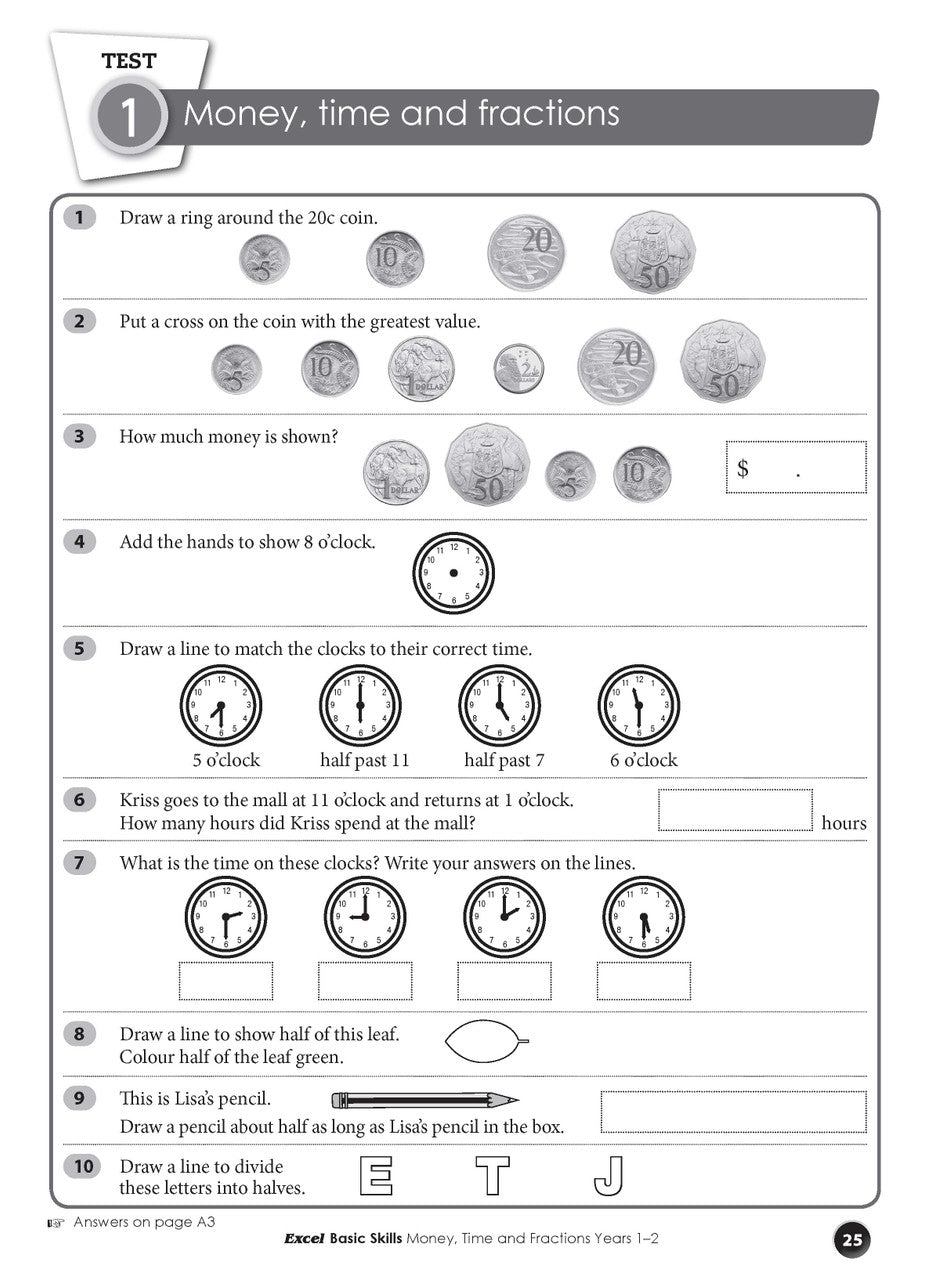 Sample interior page from the Excel Basic Skills Money, Time and Fractions Years 1-2 workbook, as shown in the Pascal Press gallery