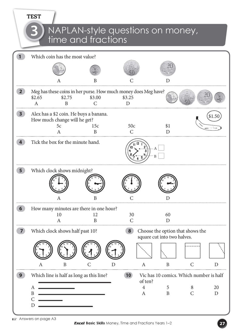 Sample interior page from the Excel Basic Skills Money, Time and Fractions Years 1-2 workbook, as shown in the Pascal Press gallery