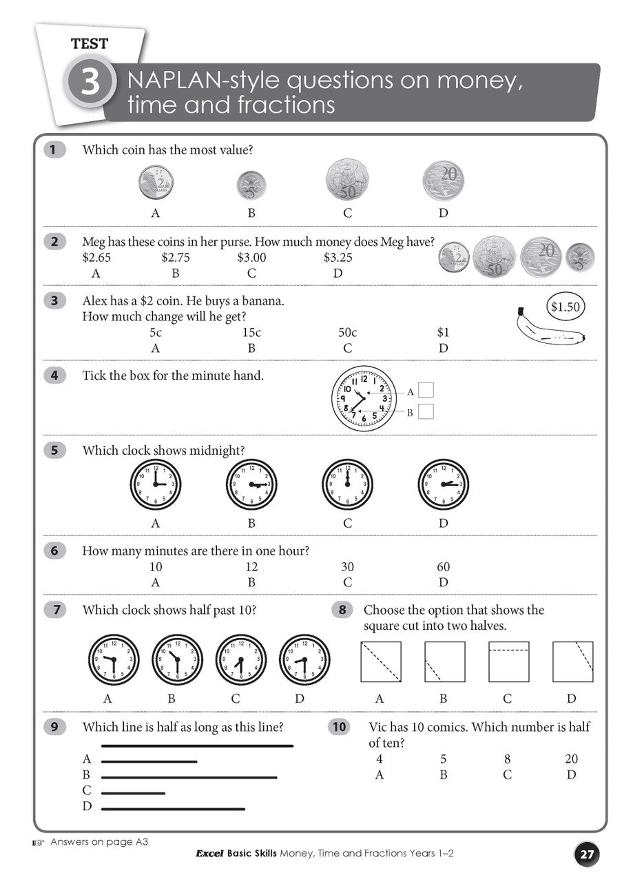 Sample interior page from the Excel Basic Skills Money, Time and Fractions Years 1-2 workbook, as shown in the Pascal Press gallery