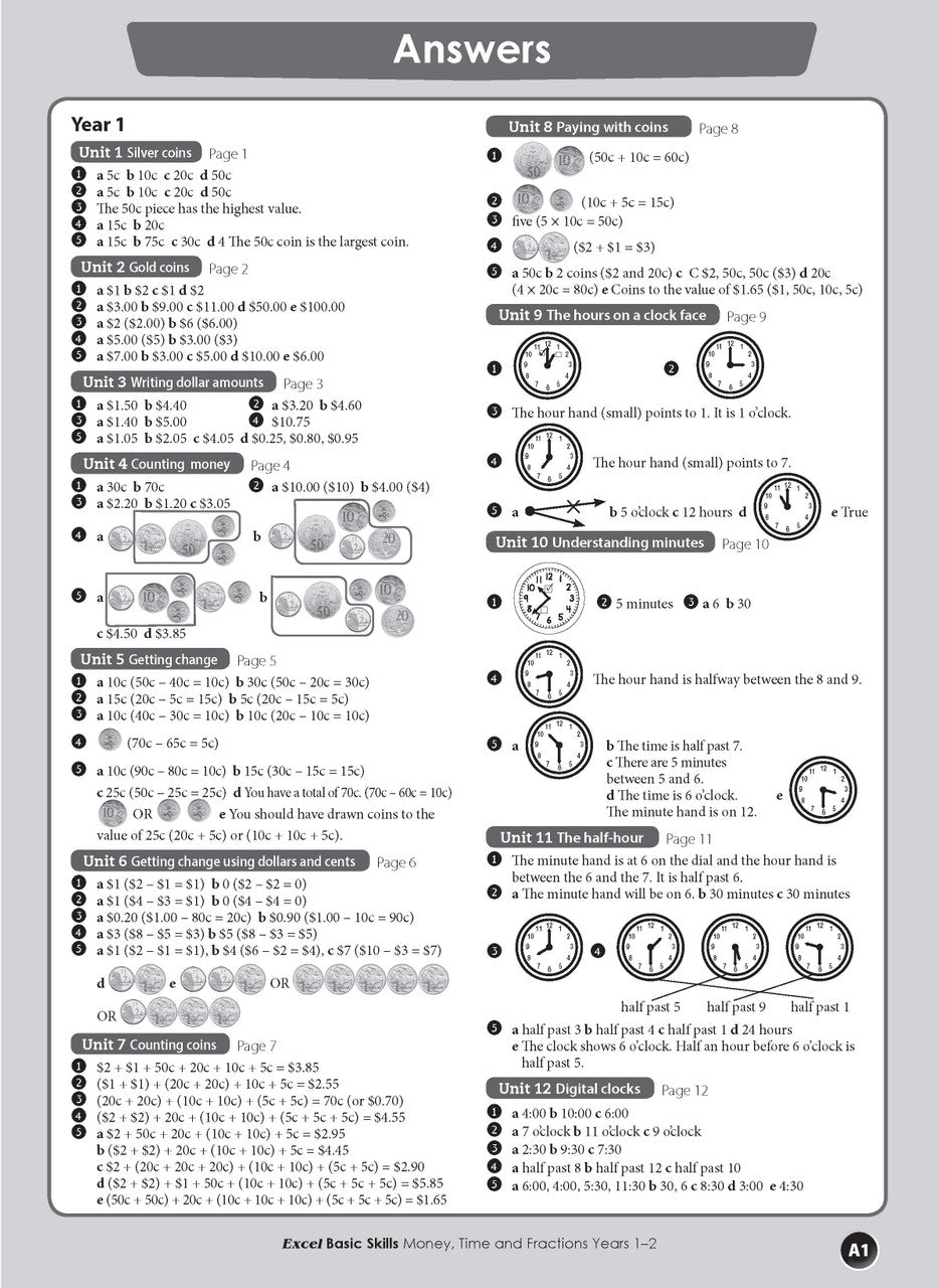 Sample interior page from the Excel Basic Skills Money, Time and Fractions Years 1-2 workbook, as shown in the Pascal Press gallery
