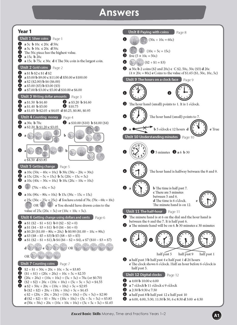 Sample interior page from the Excel Basic Skills Money, Time and Fractions Years 1-2 workbook, as shown in the Pascal Press gallery