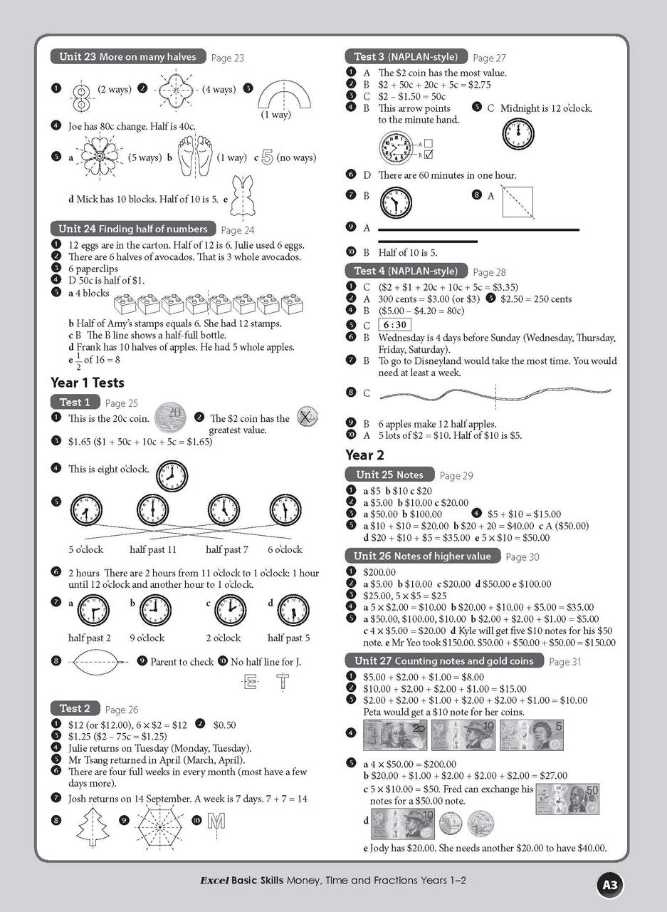 Sample interior page from the Excel Basic Skills Money, Time and Fractions Years 1-2 workbook, as shown in the Pascal Press gallery
