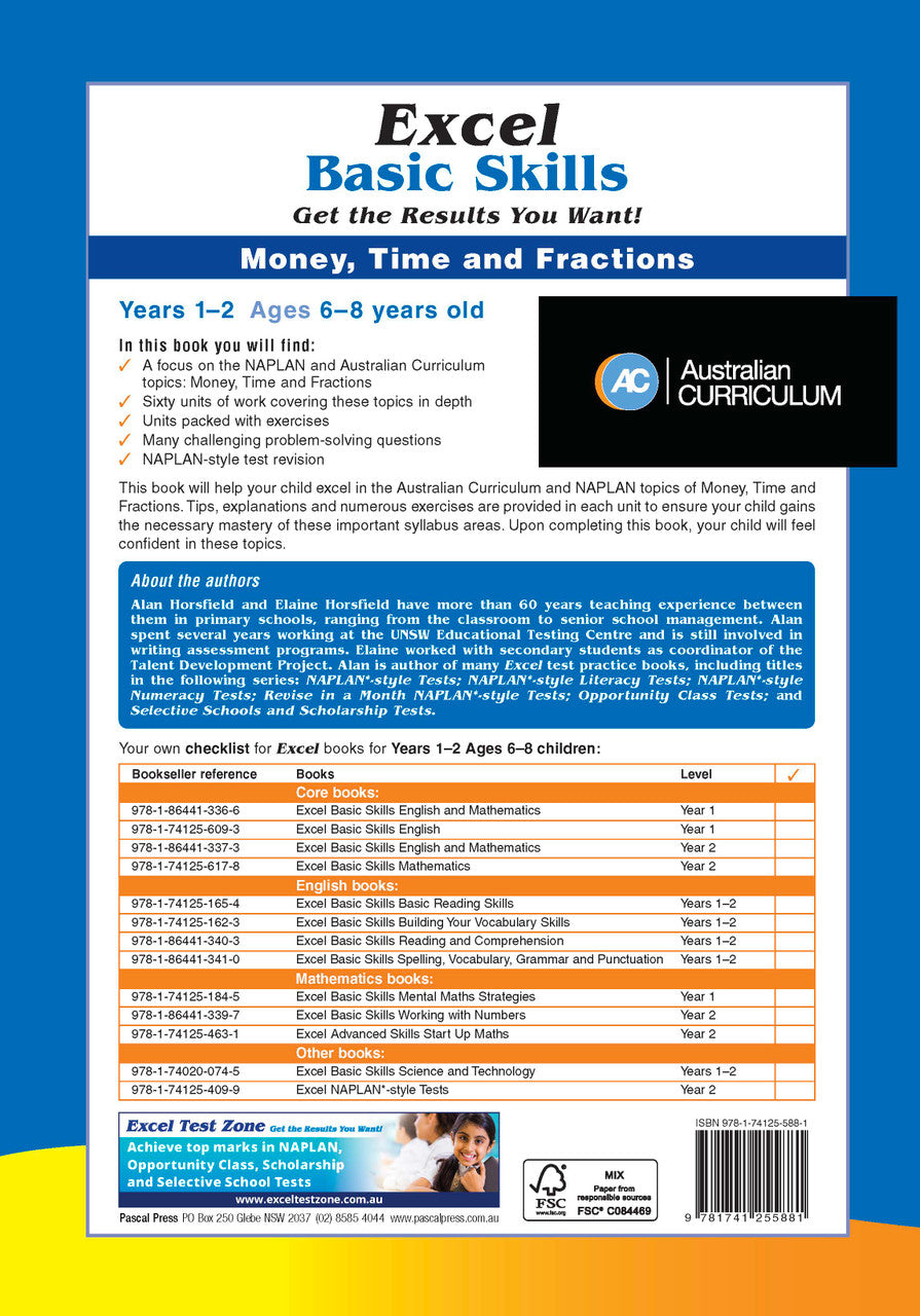Sample interior page from the Excel Basic Skills Money, Time and Fractions Years 1-2 workbook, as shown in the Pascal Press gallery