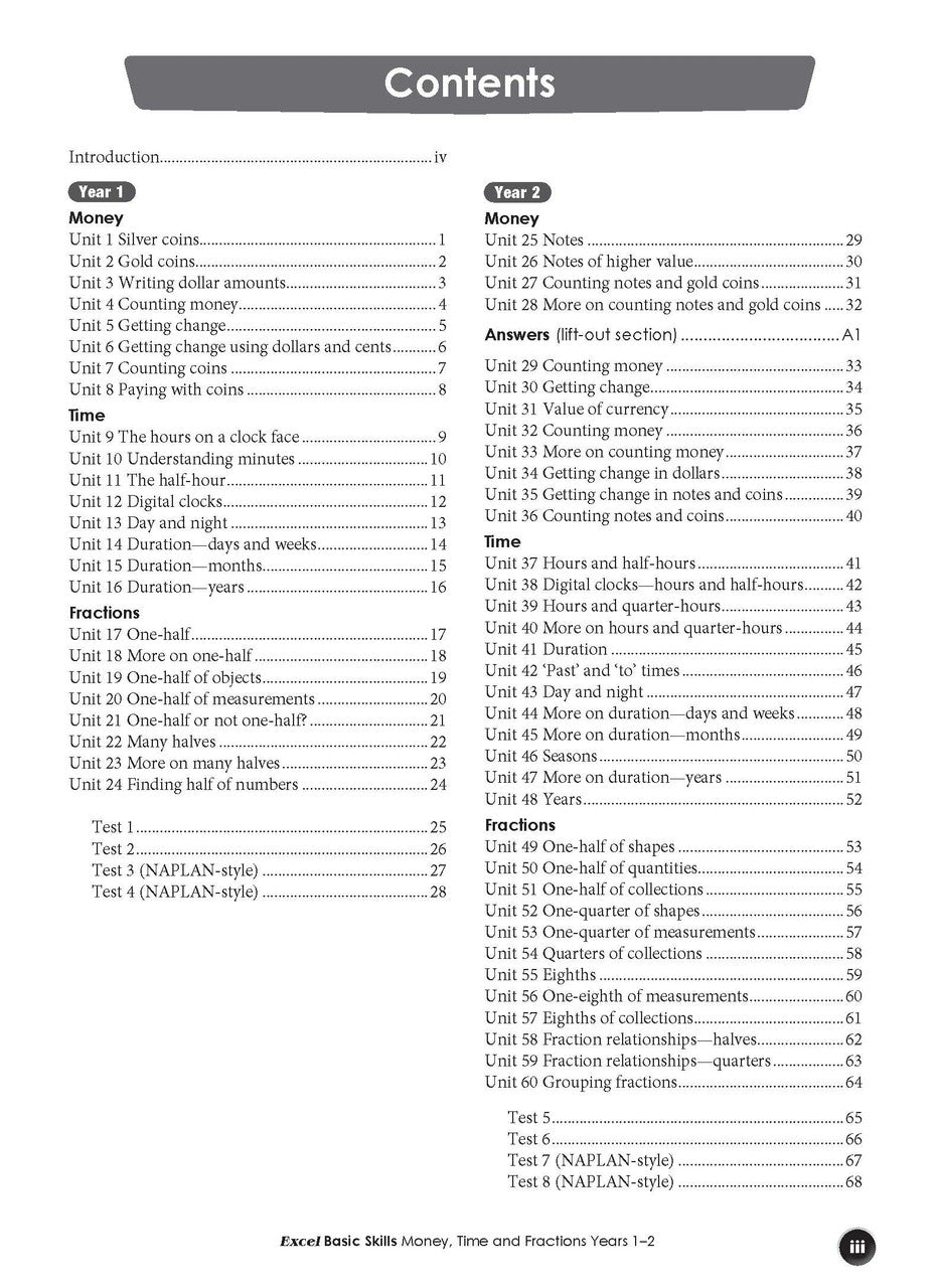 Sample interior page from the Excel Basic Skills Money, Time and Fractions Years 1-2 workbook, as shown in the Pascal Press gallery