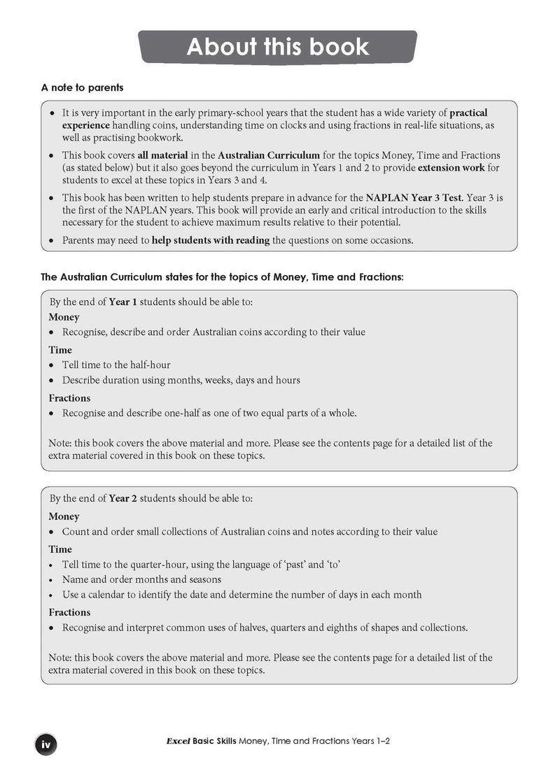 Sample interior page from the Excel Basic Skills Money, Time and Fractions Years 1-2 workbook, as shown in the Pascal Press gallery