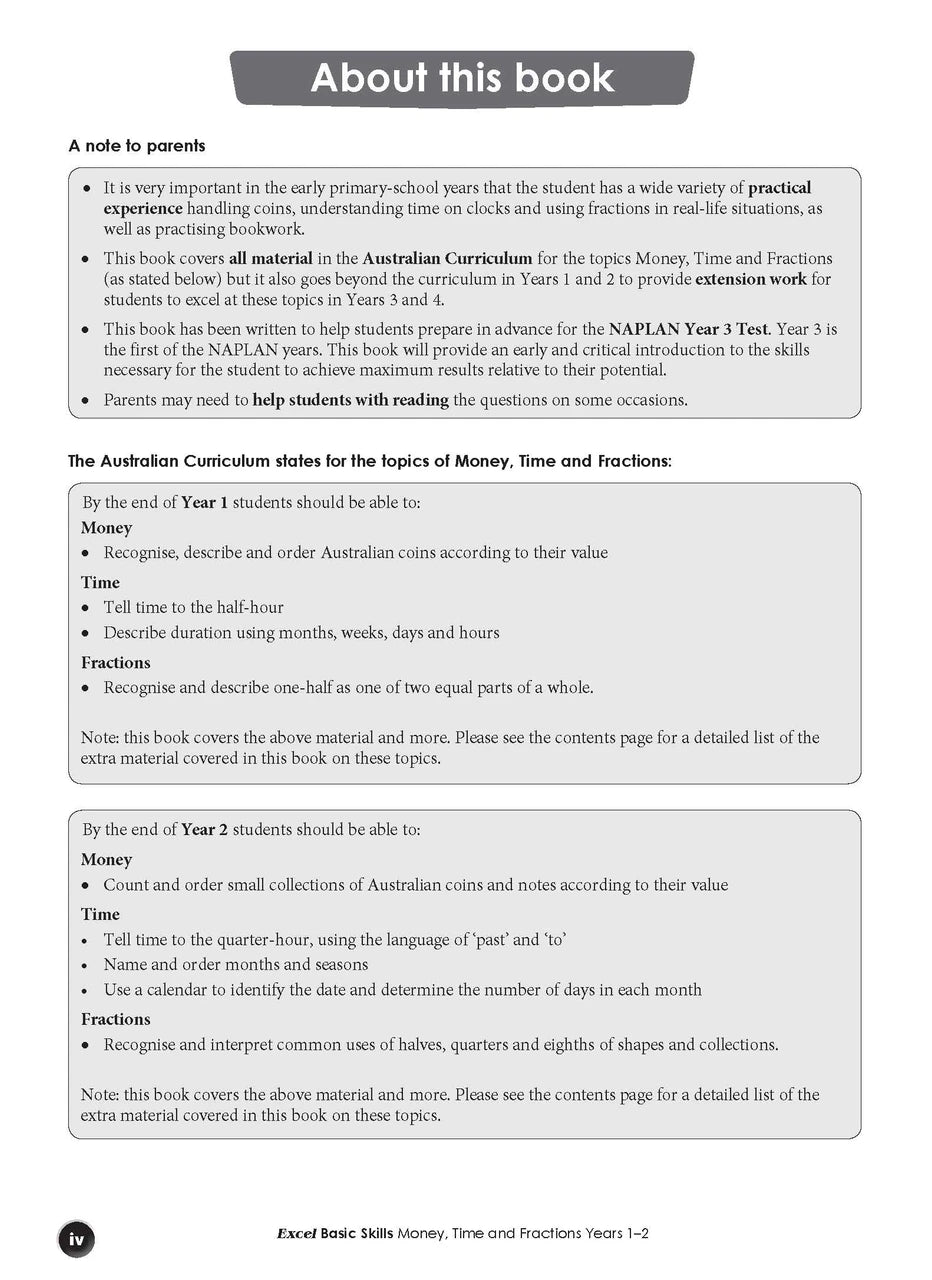Sample interior page from the Excel Basic Skills Money, Time and Fractions Years 1-2 workbook, as shown in the Pascal Press gallery