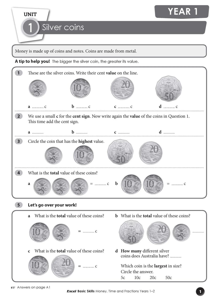 Sample interior page from the Excel Basic Skills Money, Time and Fractions Years 1-2 workbook, as shown in the Pascal Press gallery