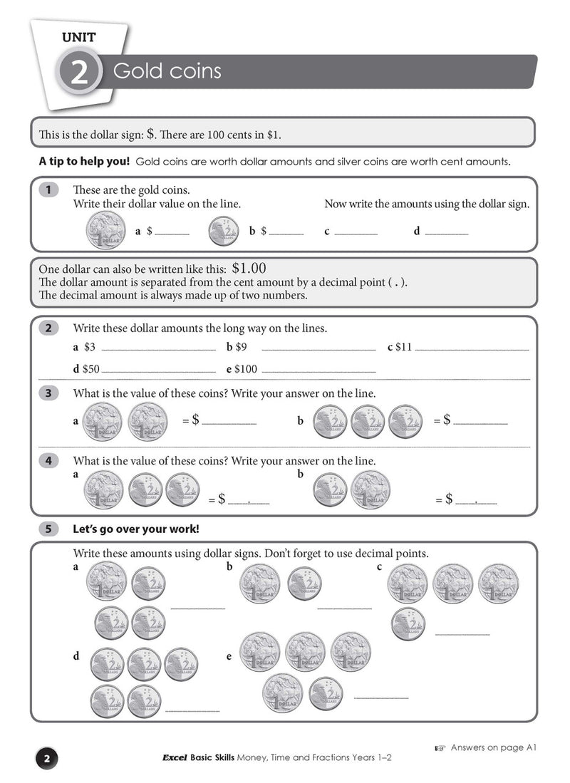 Sample interior page from the Excel Basic Skills Money, Time and Fractions Years 1-2 workbook, as shown in the Pascal Press gallery