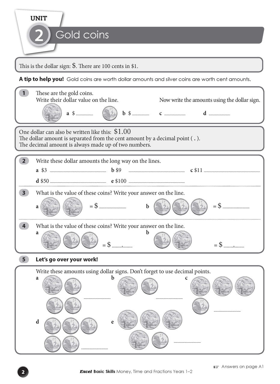 Sample interior page from the Excel Basic Skills Money, Time and Fractions Years 1-2 workbook, as shown in the Pascal Press gallery
