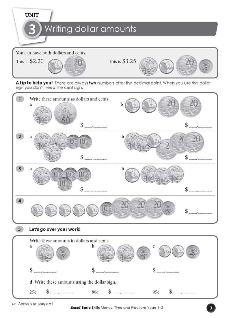 Sample interior page from the Excel Basic Skills Money, Time and Fractions Years 1-2 workbook, as shown in the Pascal Press gallery